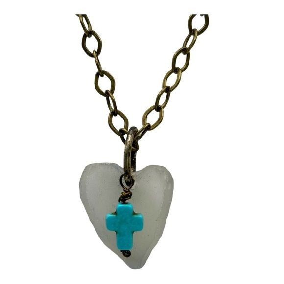 Concave Sea Glass Heart Pendant with Turquoise Cross Charm Artisan Crafted