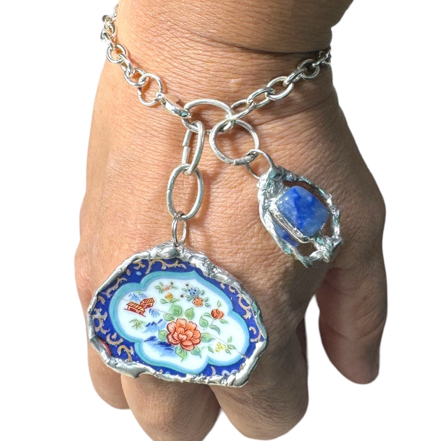 Broken China & Sodalite Charm Artisan Bracelet with Silver-Blend Boho Metalwork