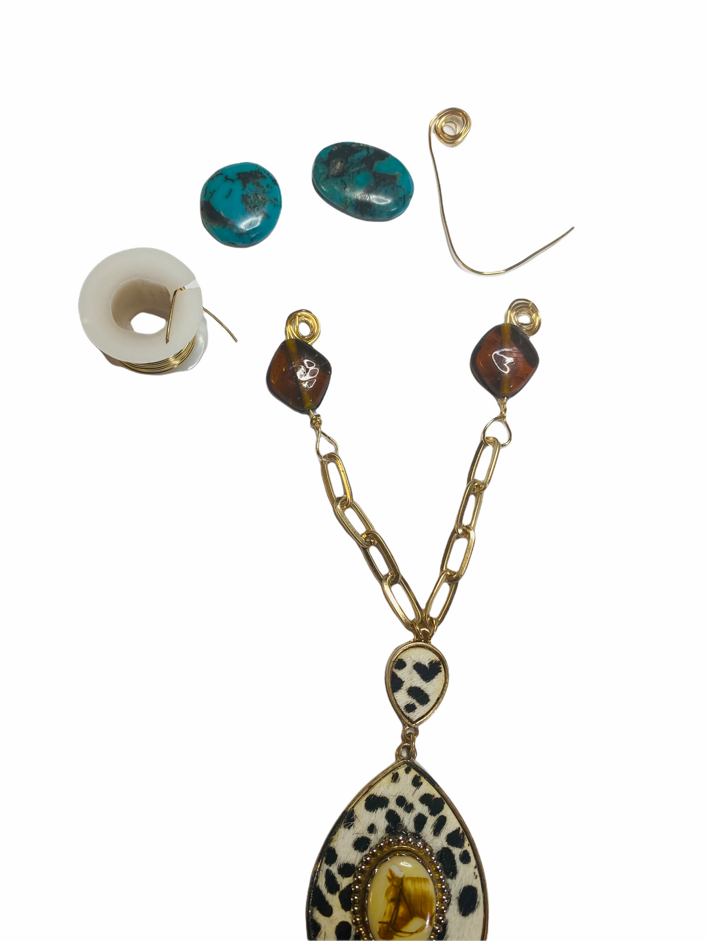 Upcycled VNTG Horse Brooch and Hyde Pendant w/ Wire Wrapped Amber & Turquoise Necklace