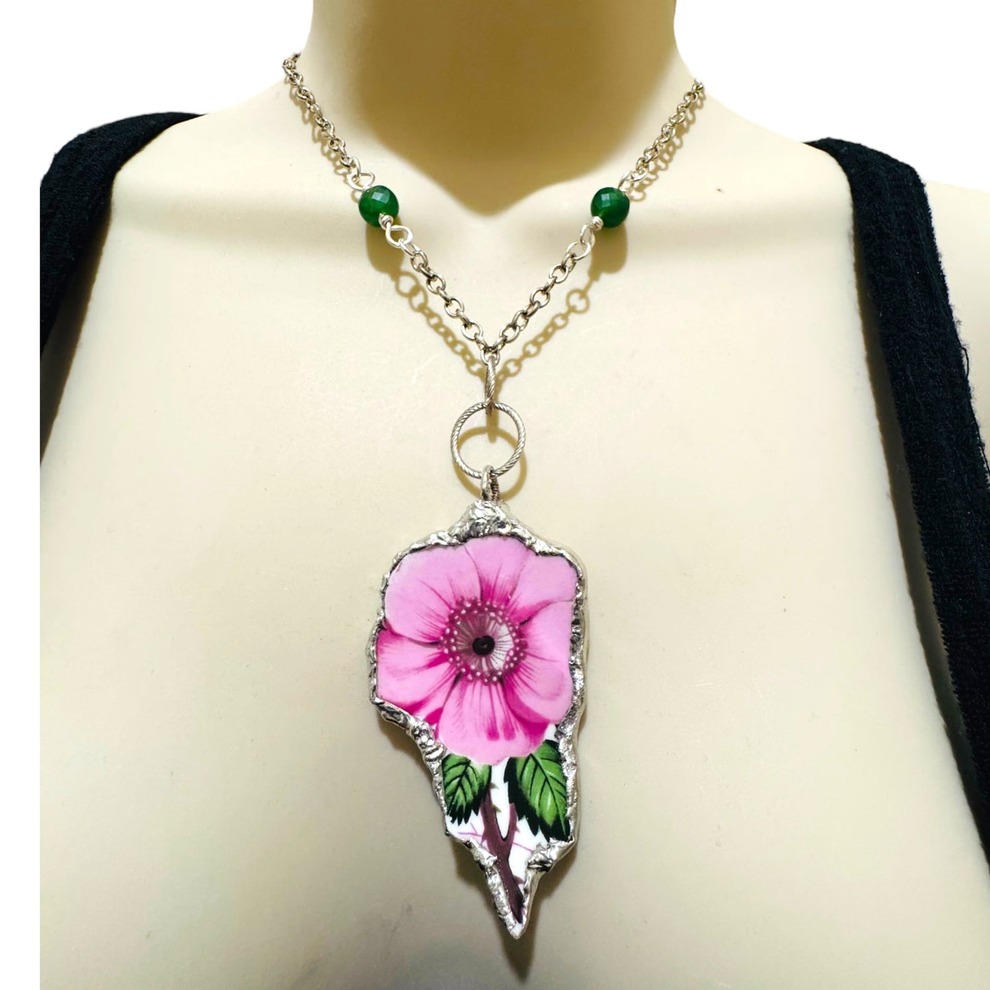 Old Country Rose Broken China Pendant & Green Aventurine Beaded Necklace