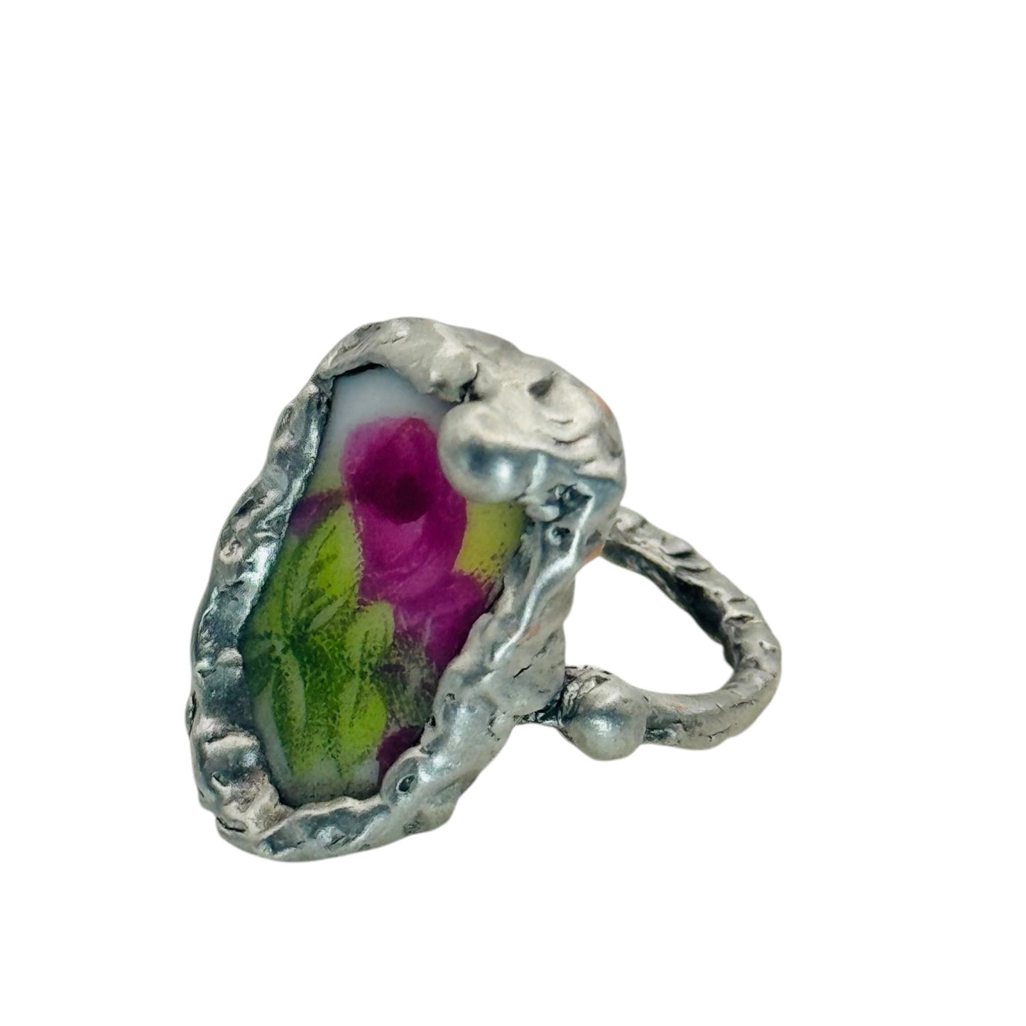 Antique Broken China Rose Ring Encased With Boho Silver Size 6.5