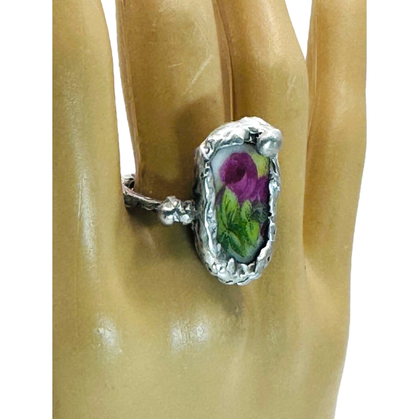 Antique Broken China Rose Ring Encased With Boho Silver Size 6.5