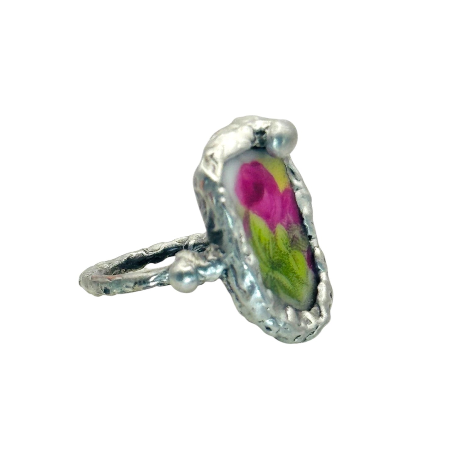 Antique Broken China Rose Ring Encased With Boho Silver Size 6.5