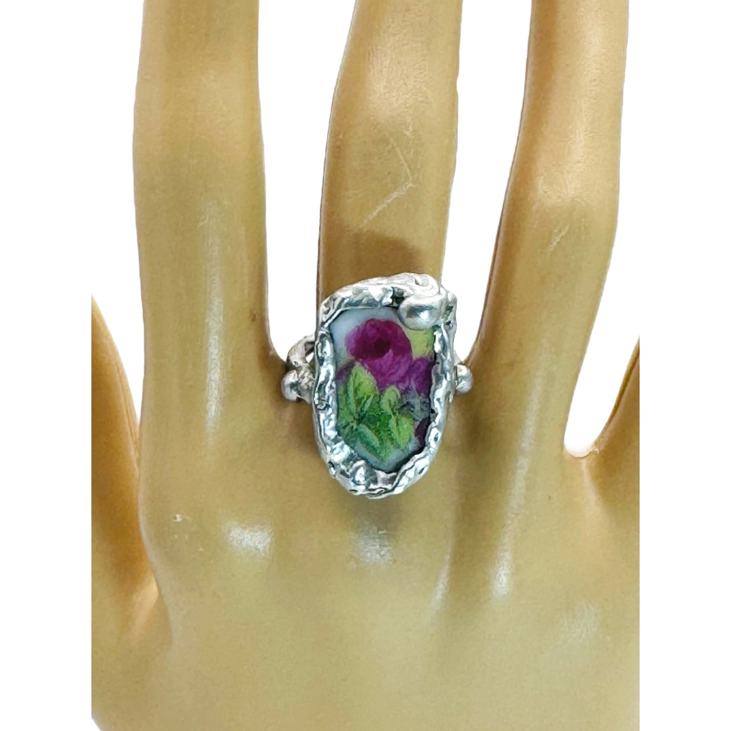 Antique Broken China Rose Ring Encased With Boho Silver Size 6.5
