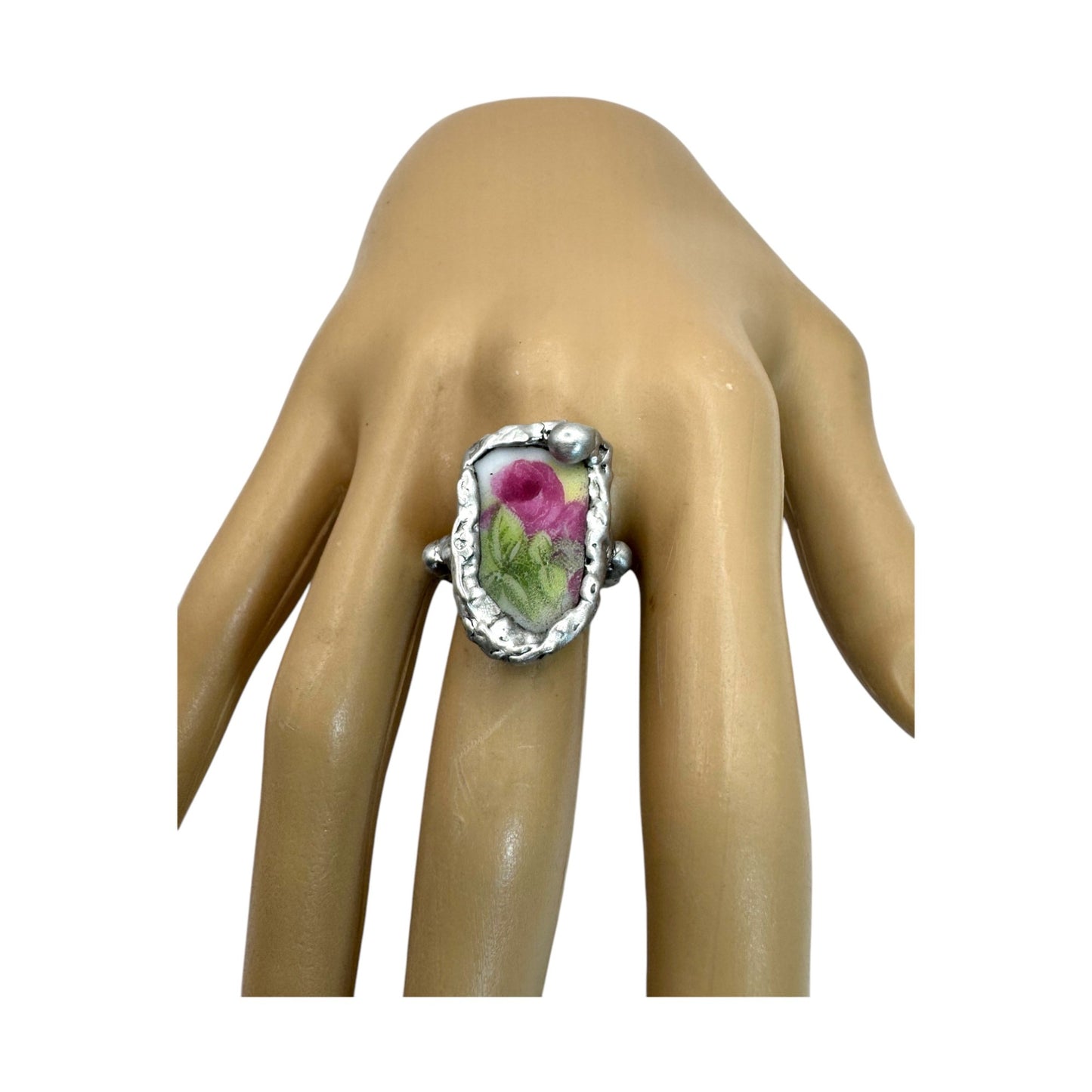 Antique Broken China Rose Ring Encased With Boho Silver Size 6.5