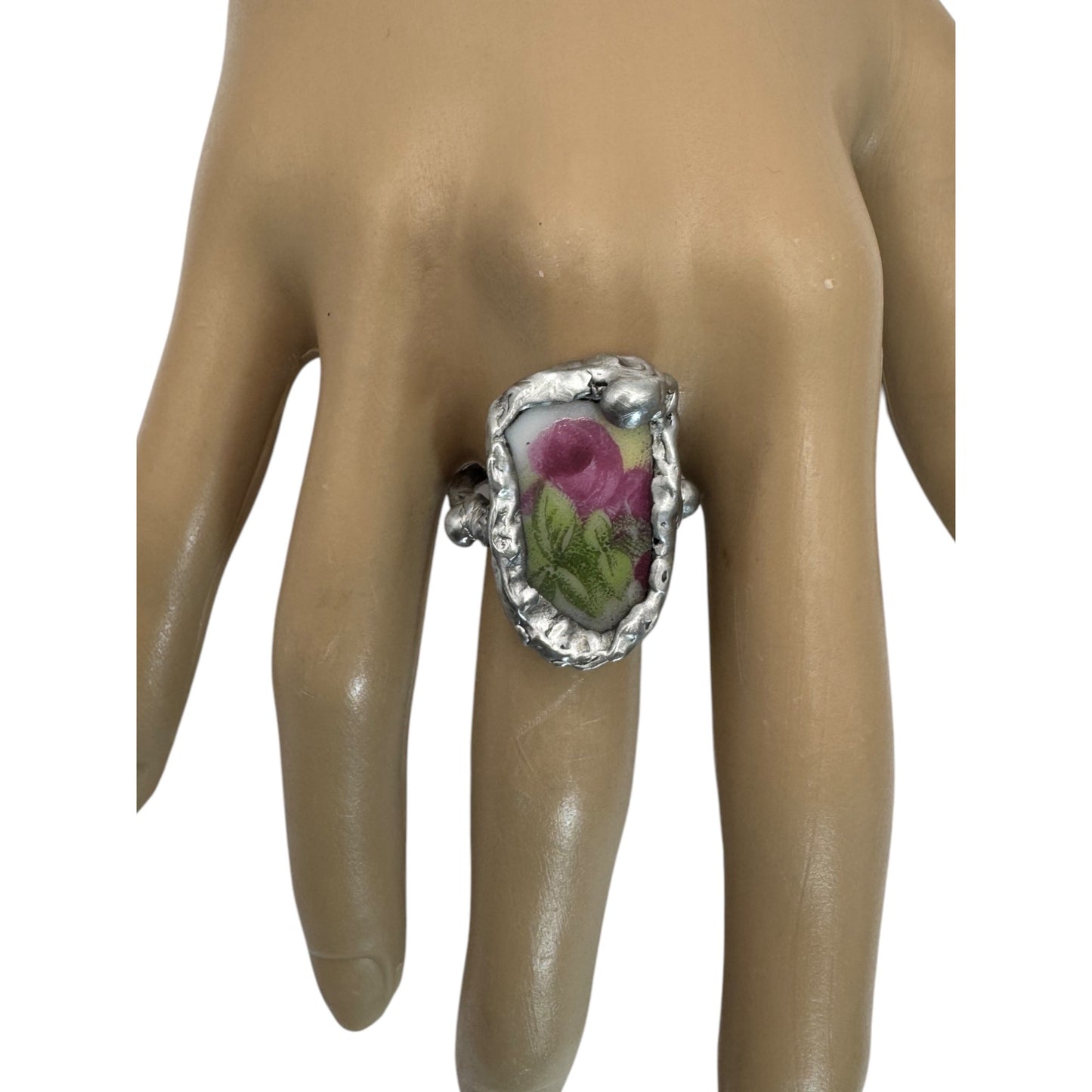 Antique Broken China Rose Ring Encased With Boho Silver Size 6.5