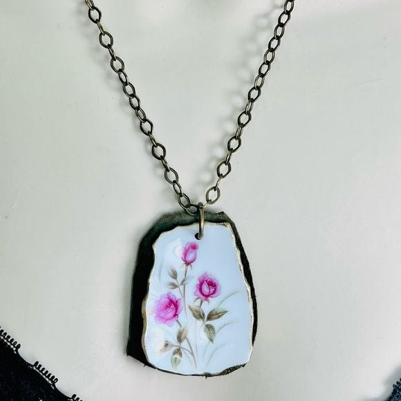 Broken China Leather Necklace Artisan Crafted From a Tea Rose Pattern Teacup