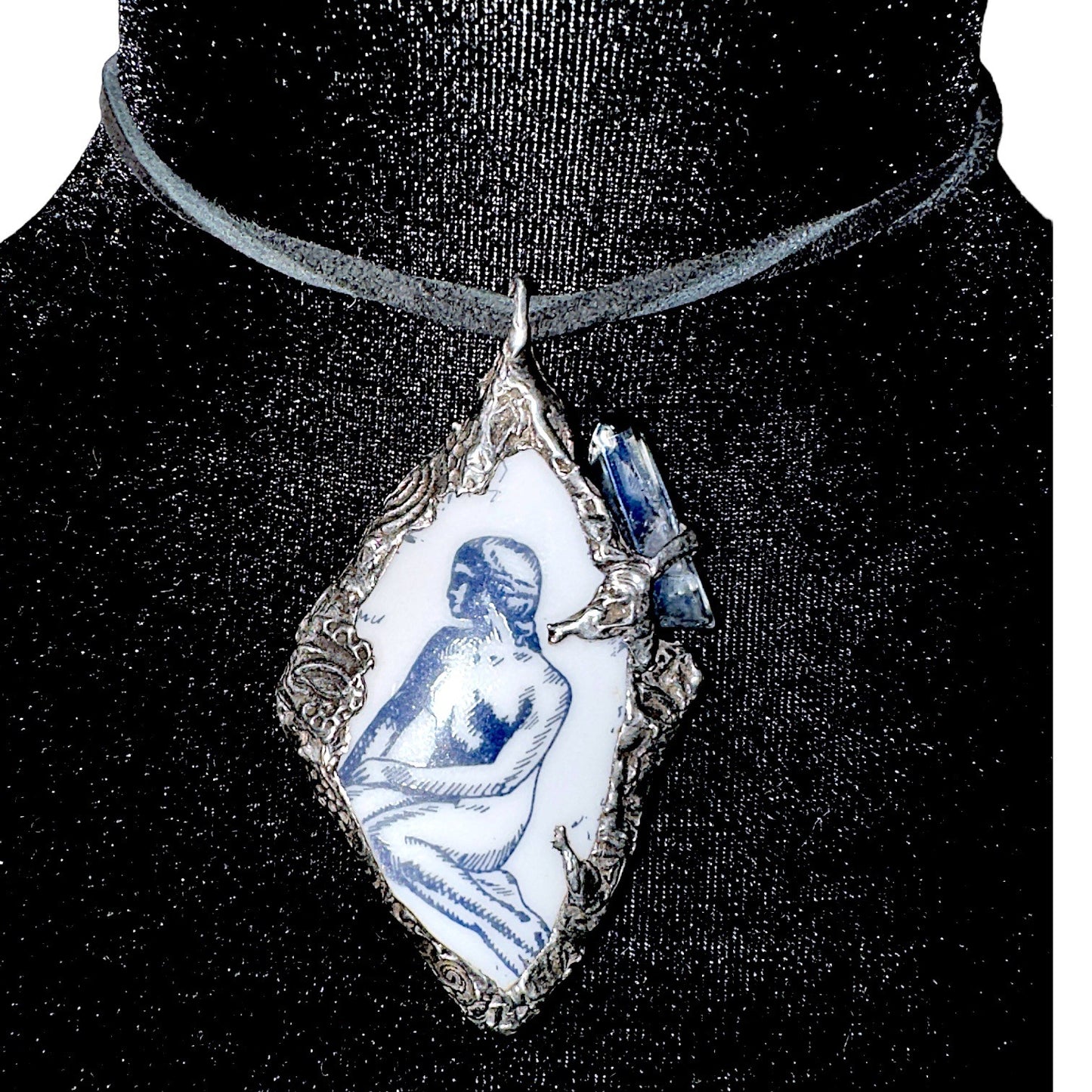 Mermaid Denmark Broken China & Blue Quartz Statement Pendant W/ Silver Blend Bezel
