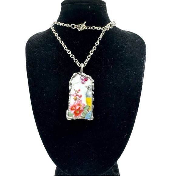 Broken China Pendant Gouldian Finch, Swarovski Crystals With Hand Solder