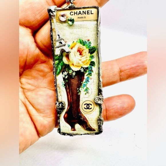 Tiny Glass Pendant Granny Bootie Mixed Media 3D Eiffel Tower & Swarovski Crystals