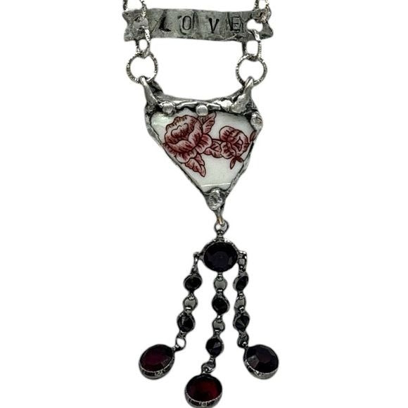 Broken China Heart Pendant W/ VNTG Garnet Tassel, Artisan Metalwork & Leather
