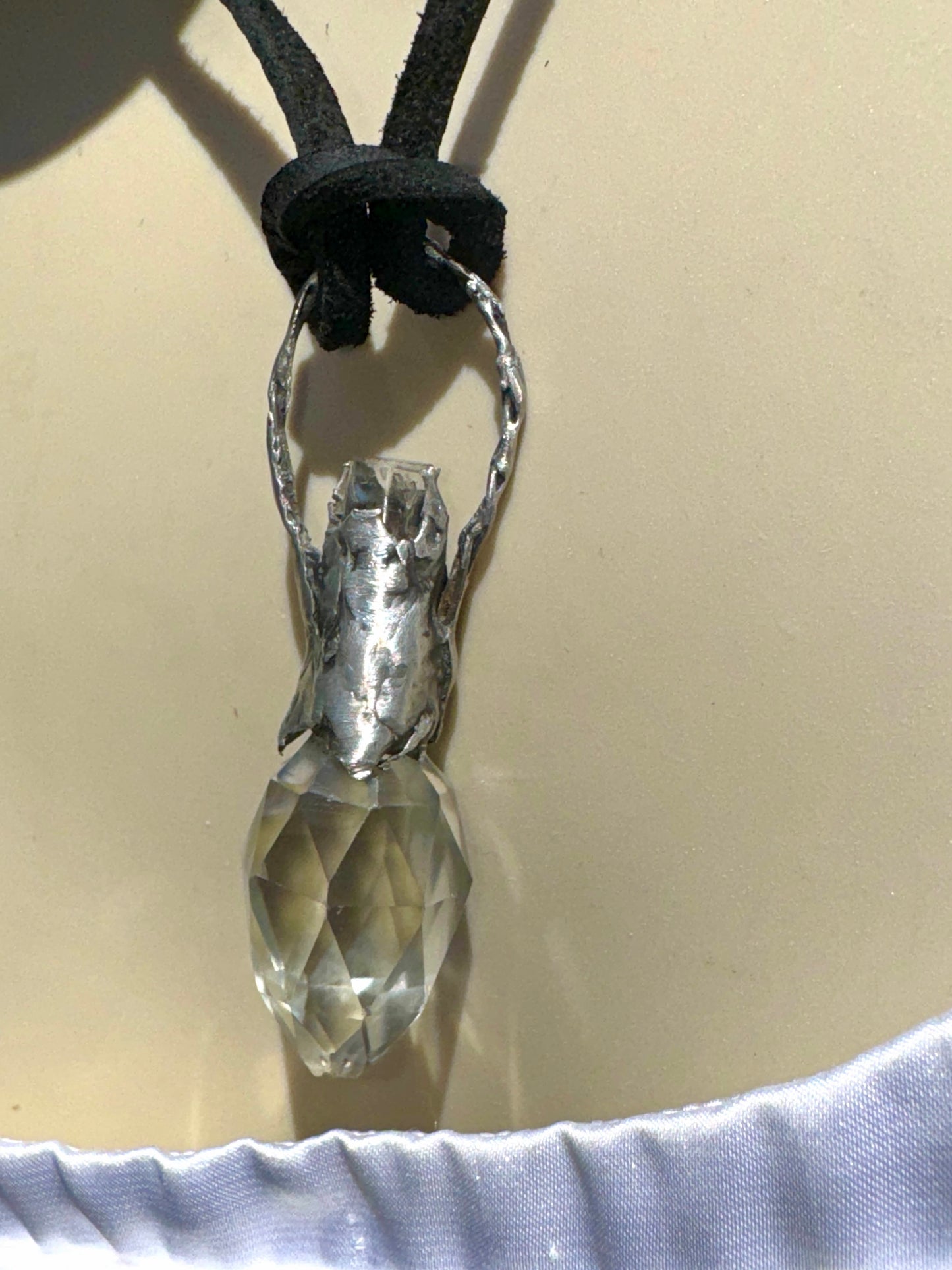 Vintage Crystal Perfume Bottle with Boho Metalwork & Leather Rope Necklace