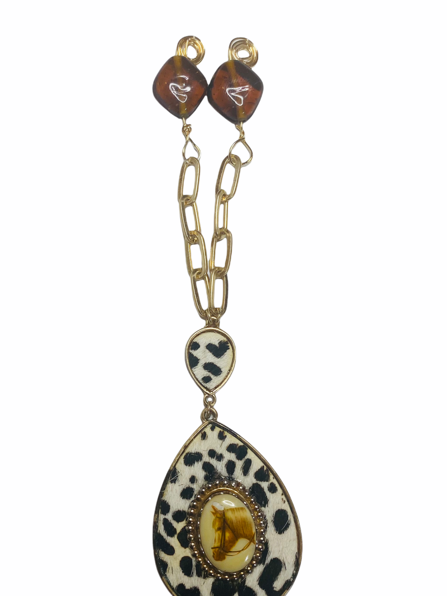 Upcycled VNTG Horse Brooch and Hyde Pendant w/ Wire Wrapped Amber & Turquoise Necklace