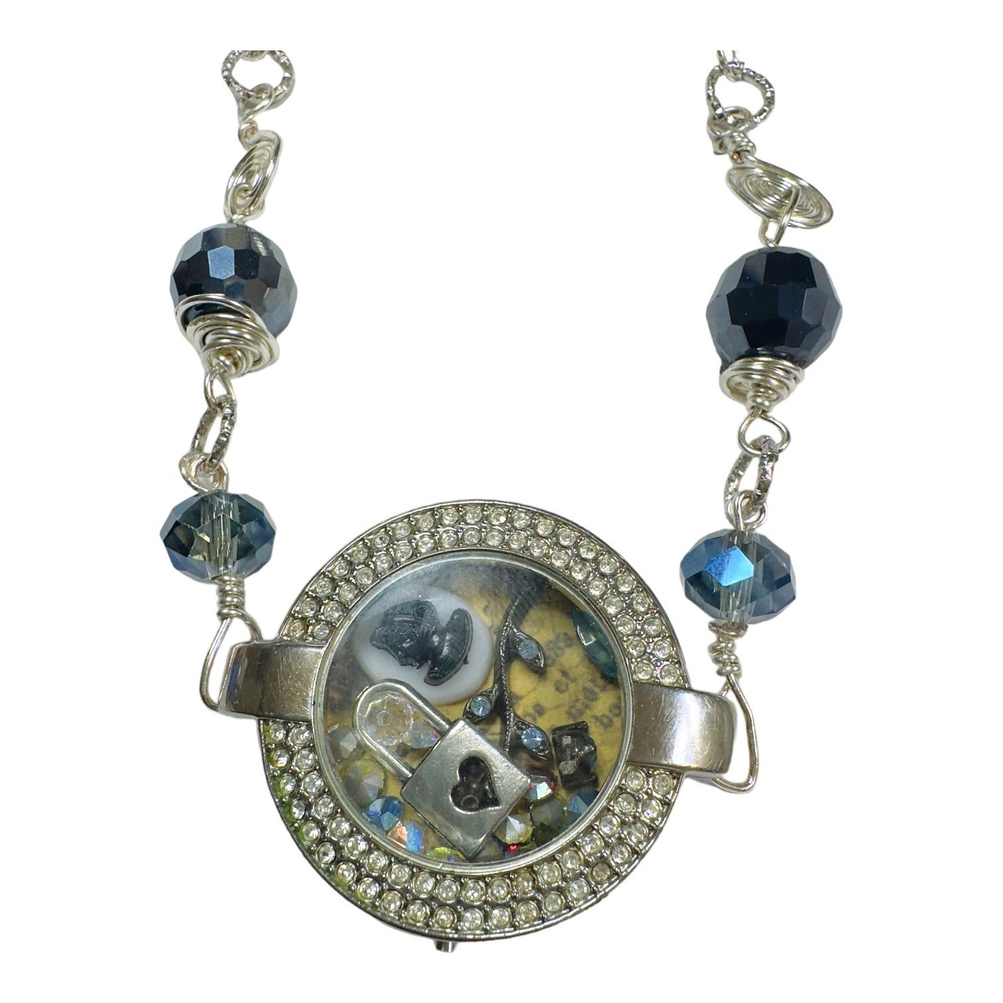 Floating Memory Pendant Reworked Watch Shell, Cameo & Swarovski Crystal Necklace