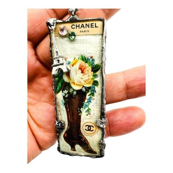 Tiny Glass Pendant Granny Bootie Mixed Media 3D Eiffel Tower & Swarovski Crystals