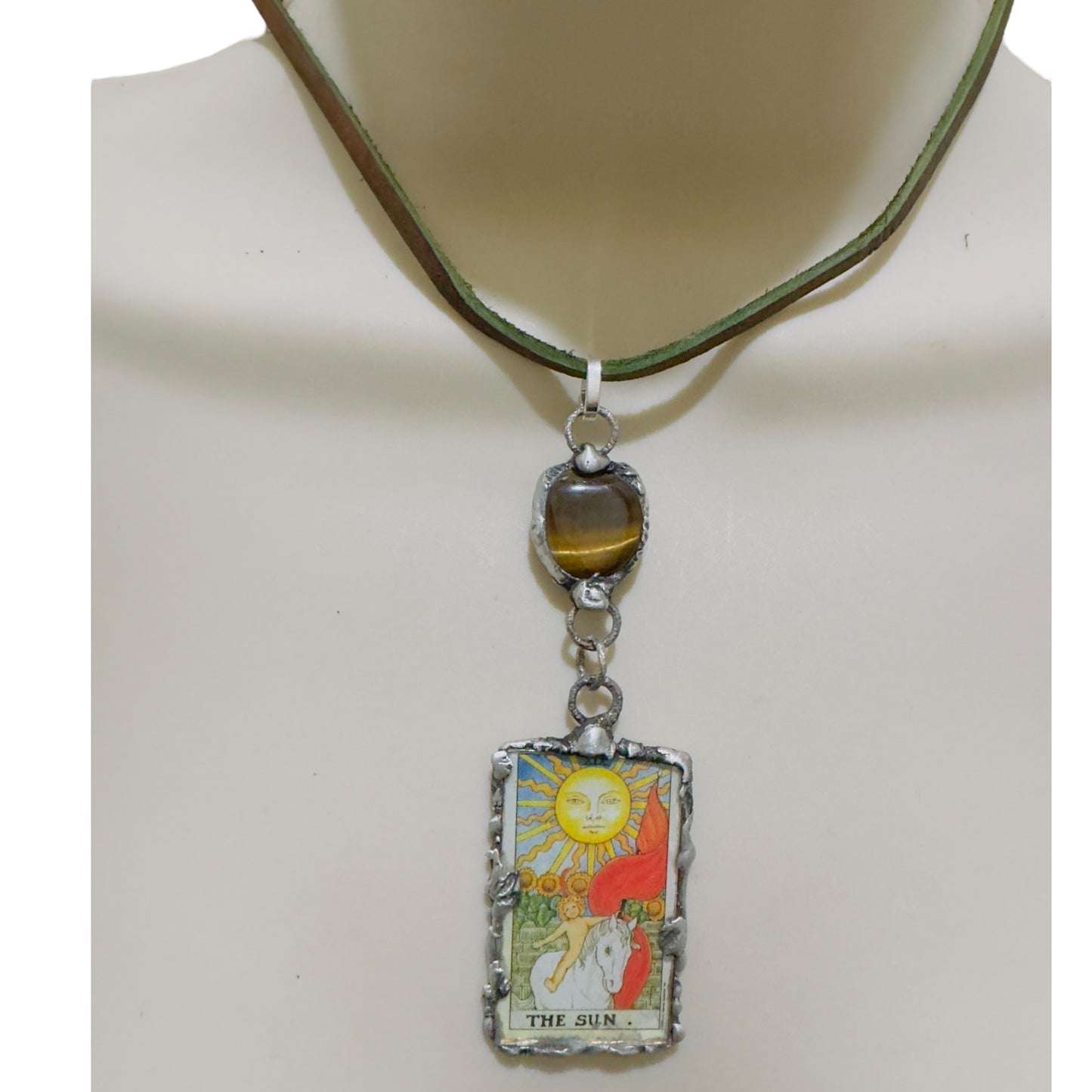 Tarot Card Mixed Media & Artisan Metalwork Tiger Eye Pendant Leather Necklace