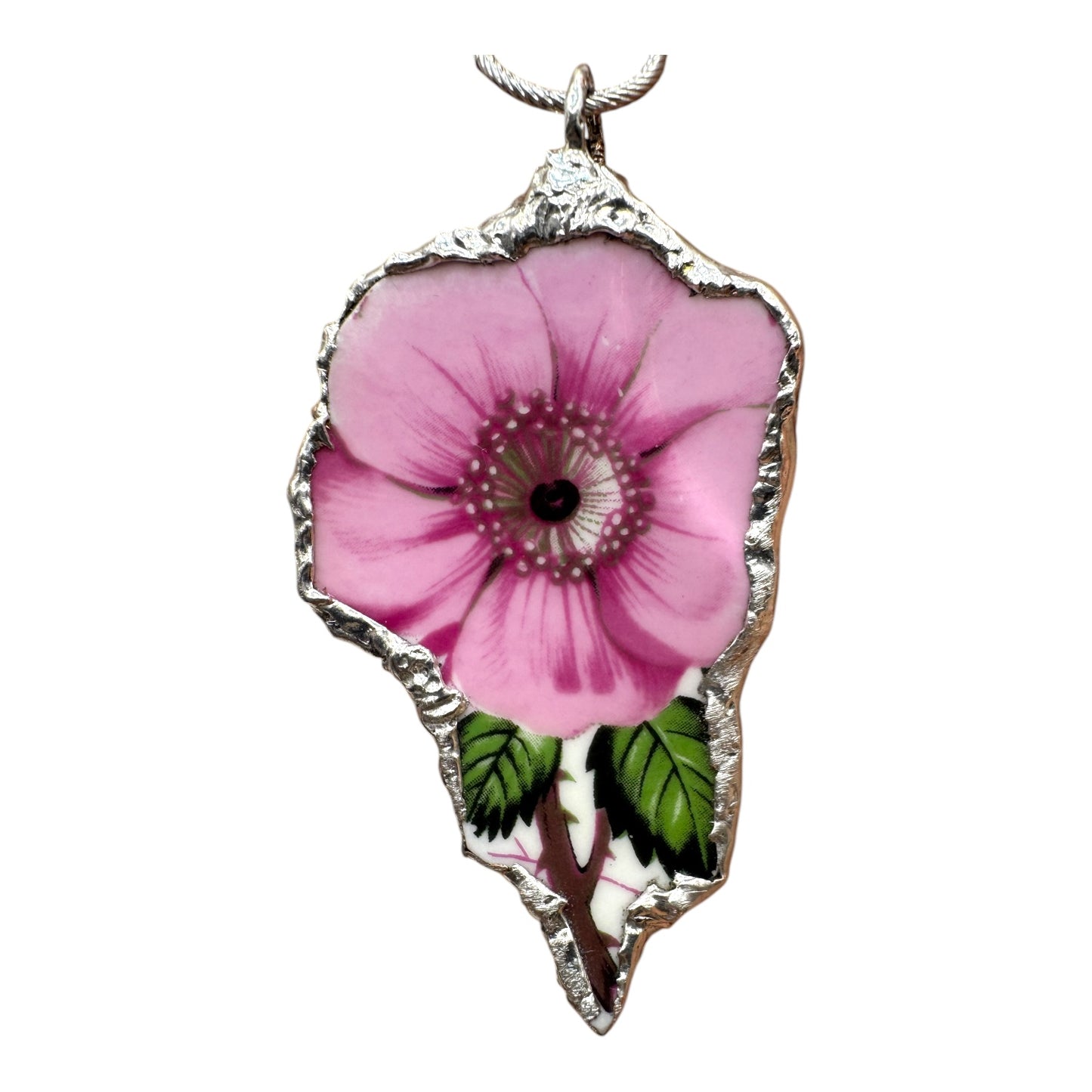 Old Country Rose Broken China Pendant & Green Aventurine Beaded Necklace