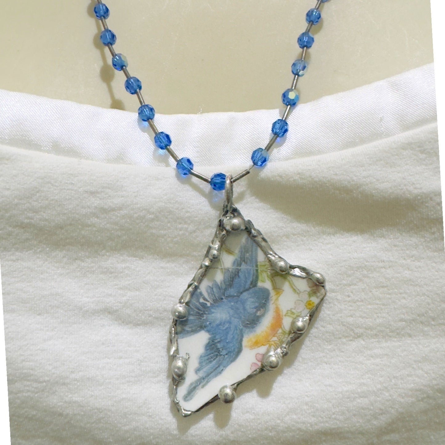 Blue Bird Broken China Pendant Silver Blend Metalwork Vintage Crystal Necklace