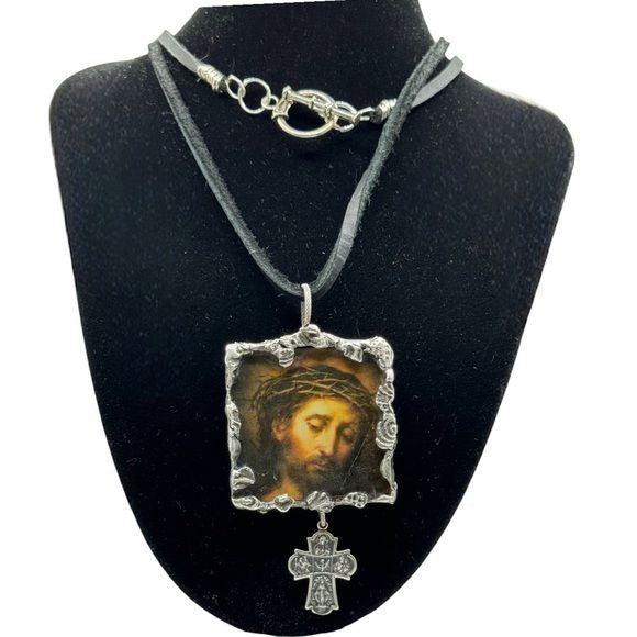 Tiny Glass Canvas Pendant of Suffering Christ & Vintage Religious 4 Silver Charm