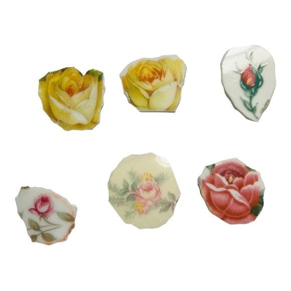 Antique Bavaria Yellow Rose Broken China Ring in Silver-Blend Boho Metalwork