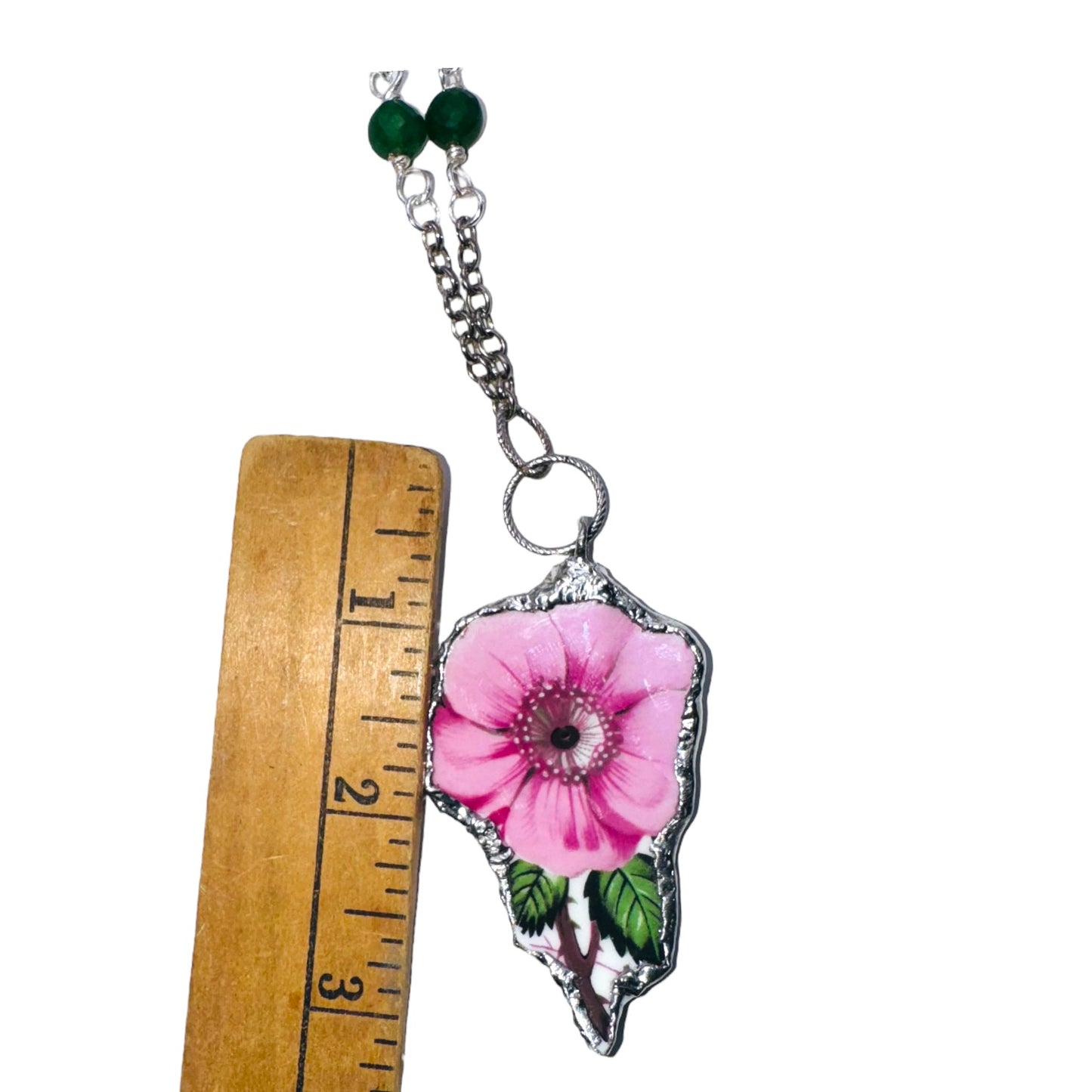 Old Country Rose Broken China Pendant & Green Aventurine Beaded Necklace