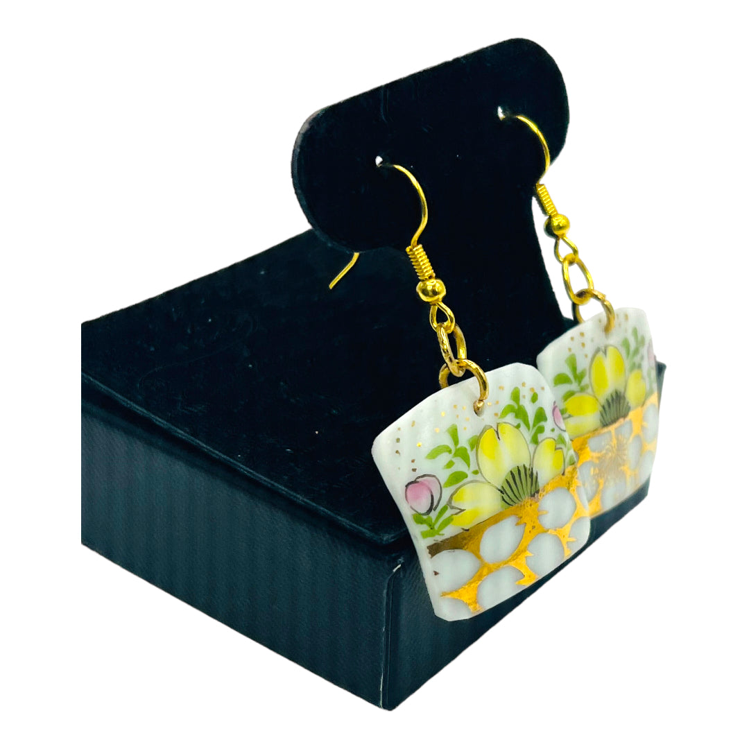 Daisies Fine Bone China Dangle Earrings with Gold Etching