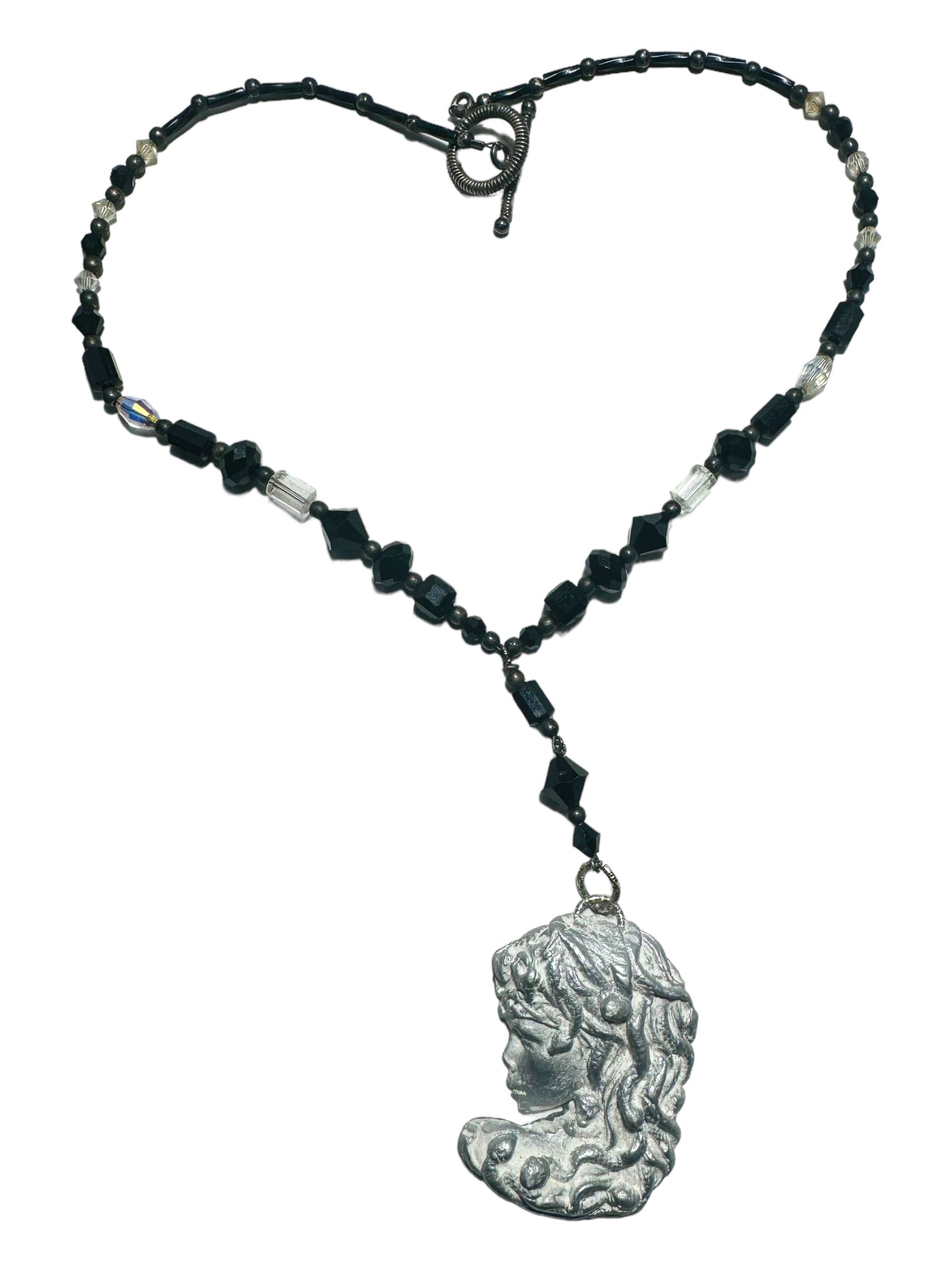 Art Nuveau Clay Lady Pendant with Artisan Crystal Beaded Necklace