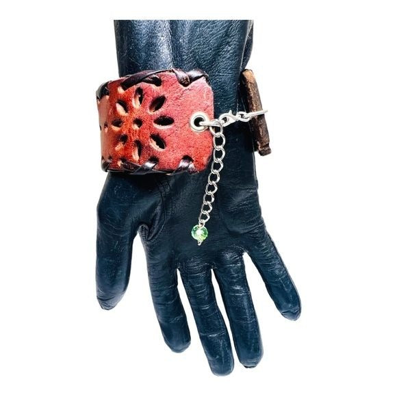 San Antonio Broken China Cuff Bracelet with Vintage Artisan Leather