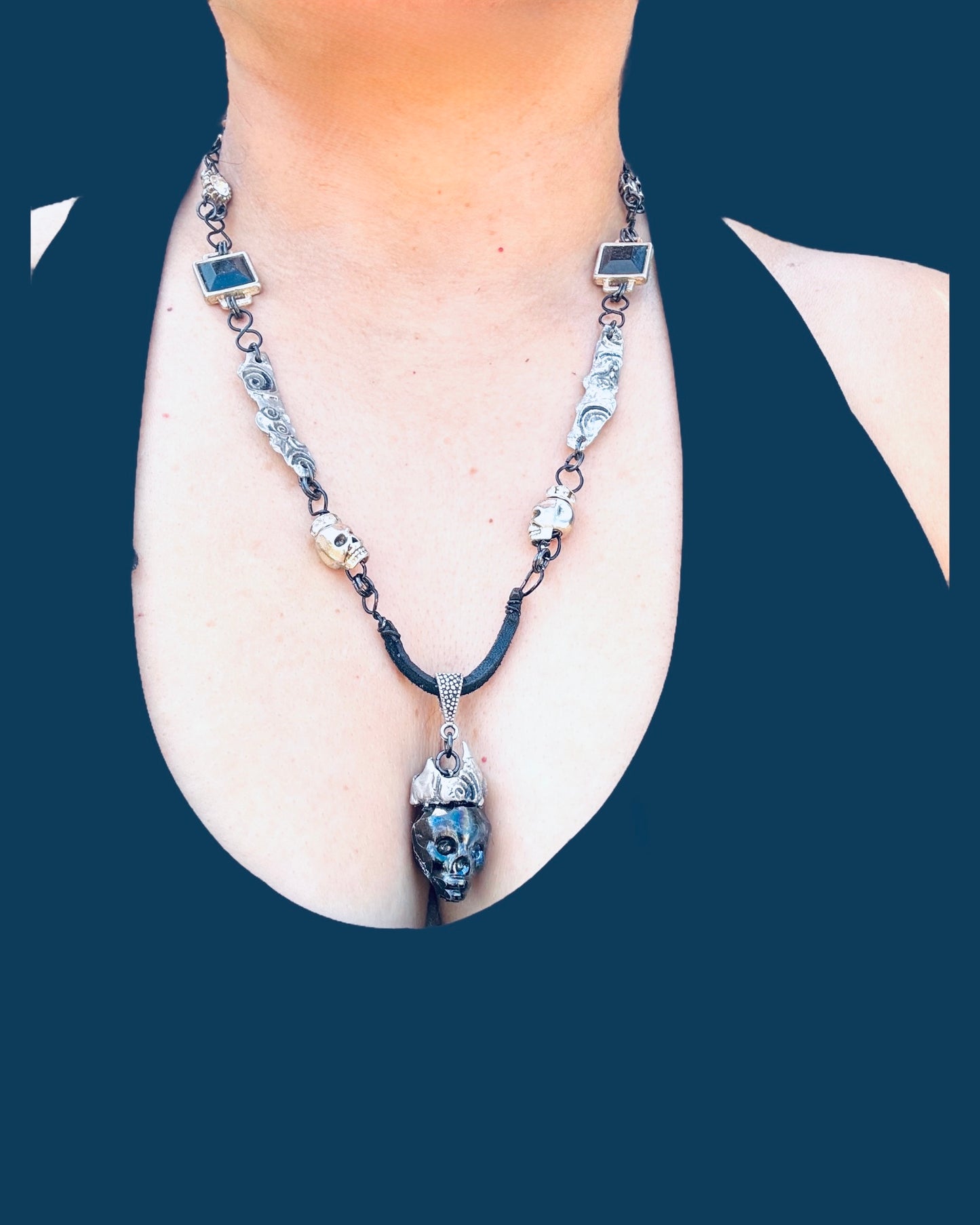 Crystal Skull Pendant w MCM Black Onyx & Intricate Silver Blend Metalwork