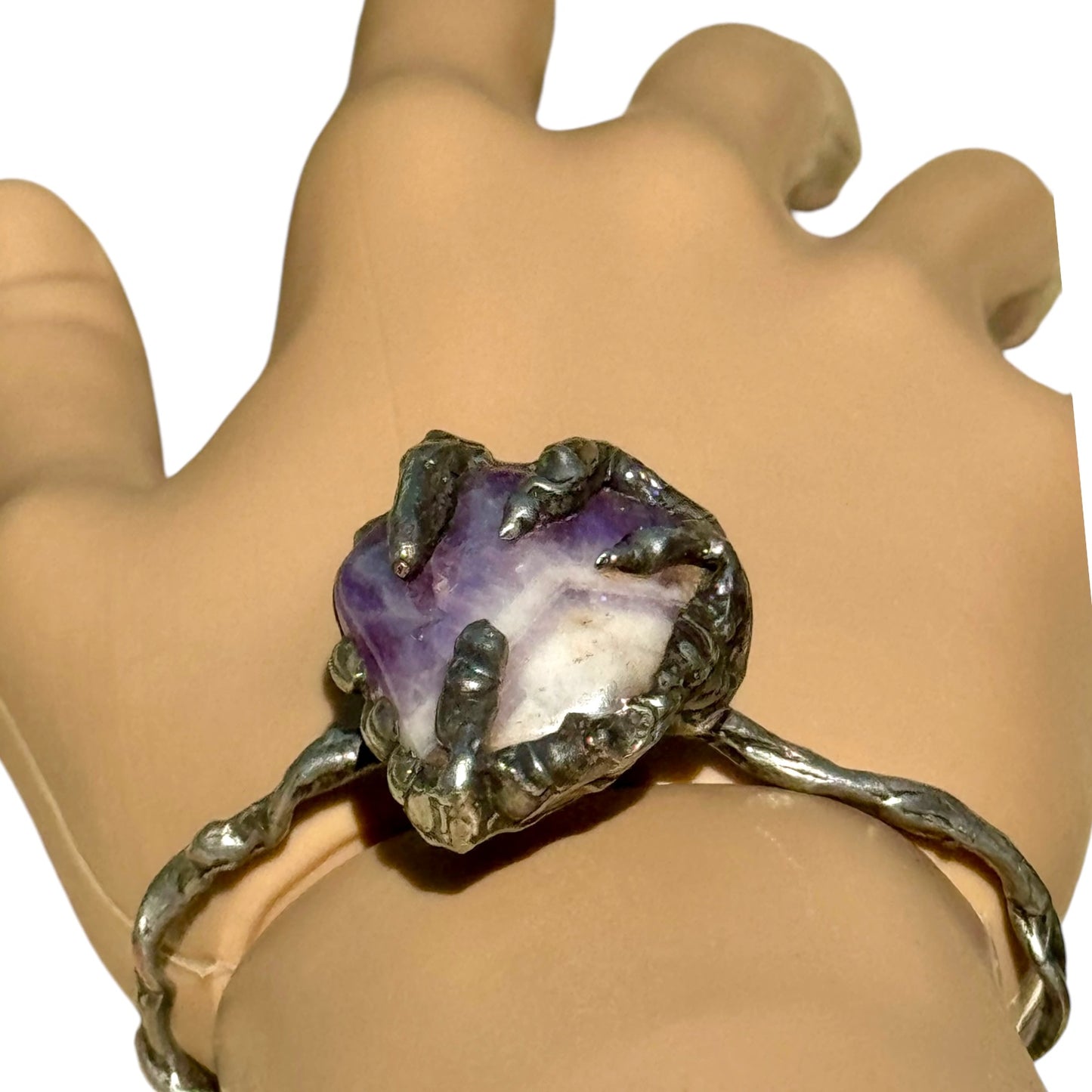 Amethyst Claw Cuff Bracelet Brutalist Silver Blend Metalwork
