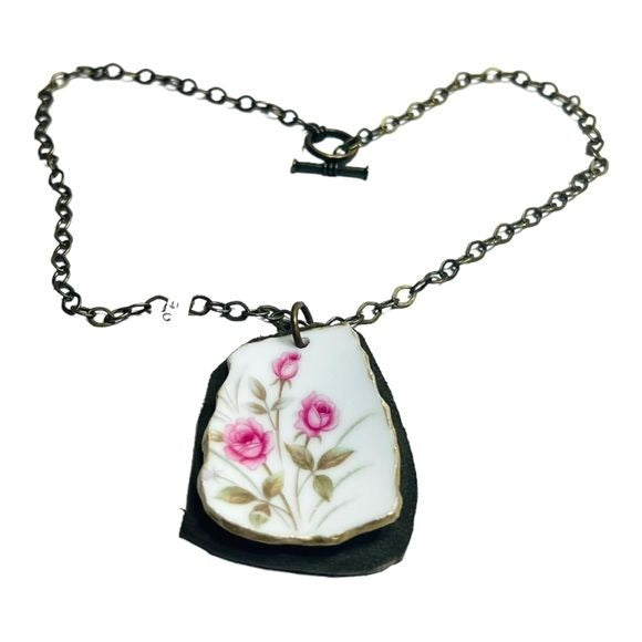 Broken China Leather Necklace Artisan Crafted From a Tea Rose Pattern Teacup