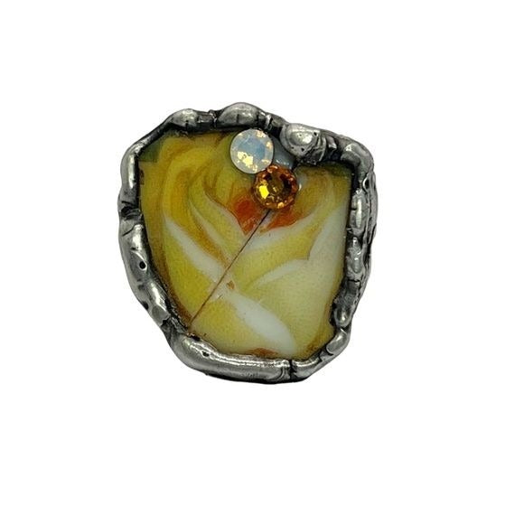 Yellow Rose Broken China Ring Artisan Crafted & Swarovski Crystals Size 7