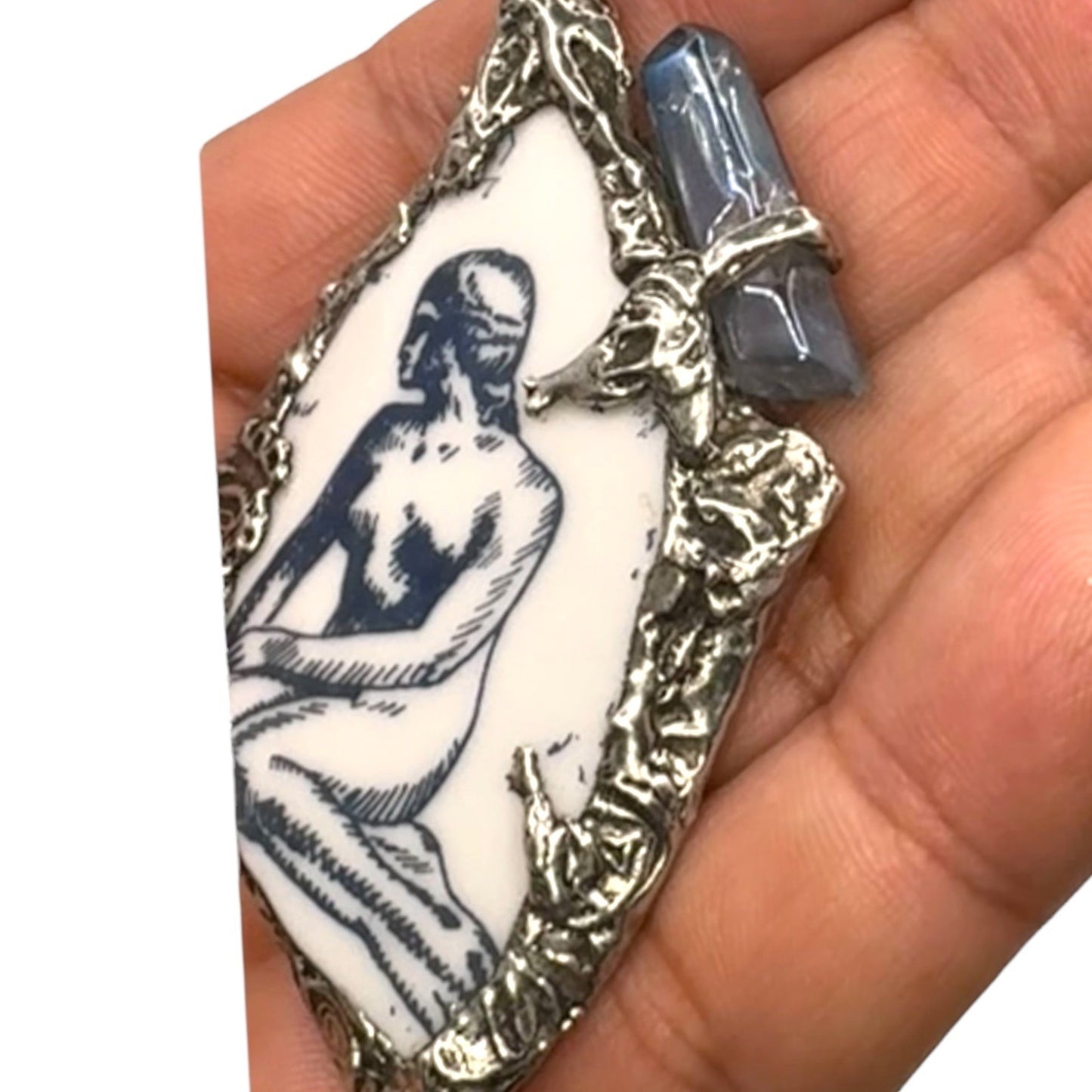 Mermaid Denmark Broken China & Blue Quartz Statement Pendant W/ Silver Blend Bezel