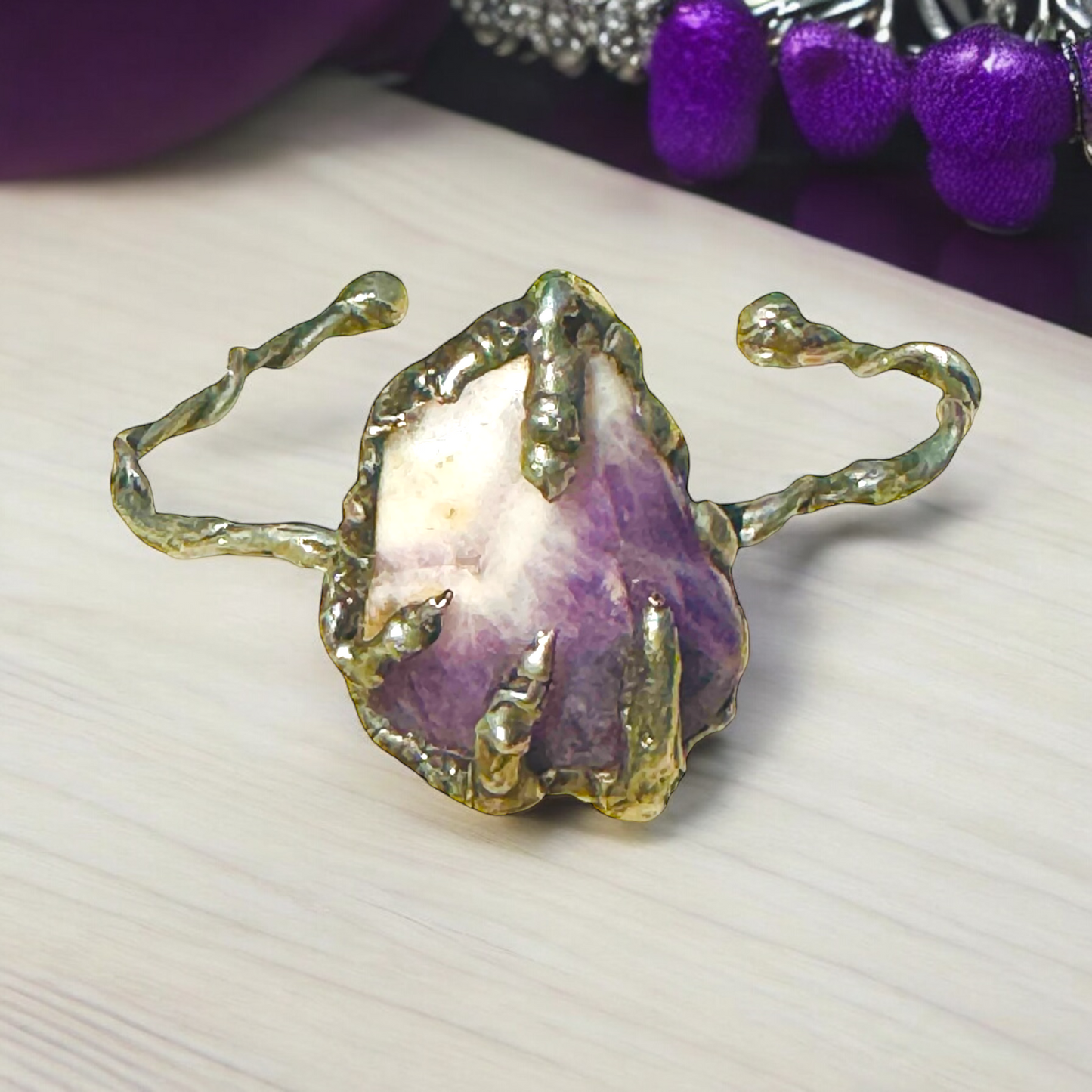 Amethyst Claw Cuff Bracelet Brutalist Silver Blend Metalwork