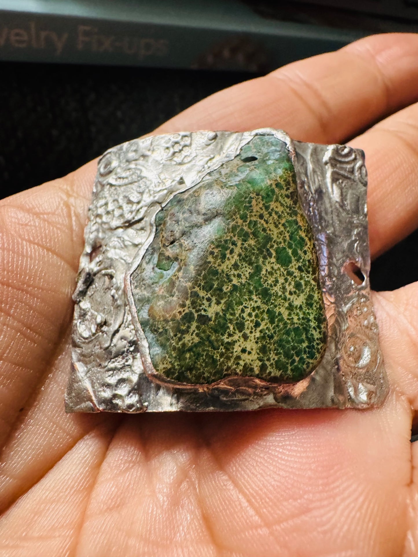 Green Imperial Jasper Mixed Metal Brutalist Cuff Bracelet with Stamped Mermaids