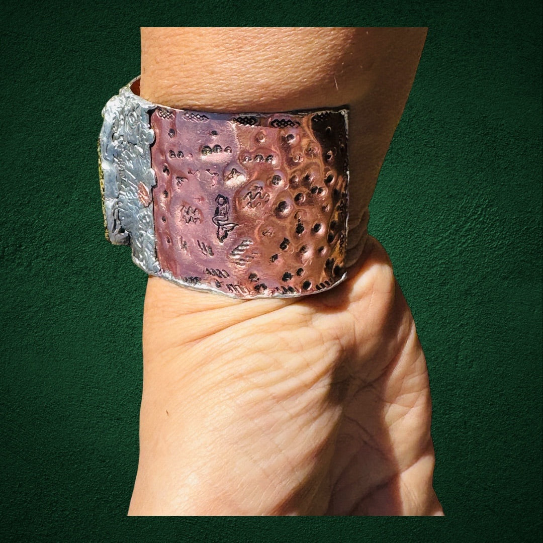 Green Imperial Jasper Mixed Metal Brutalist Cuff Bracelet with Stamped Mermaids