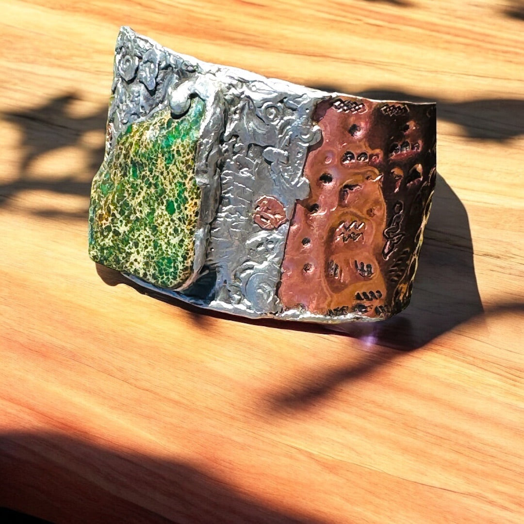 Green Imperial Jasper Mixed Metal Brutalist Cuff Bracelet with Stamped Mermaids