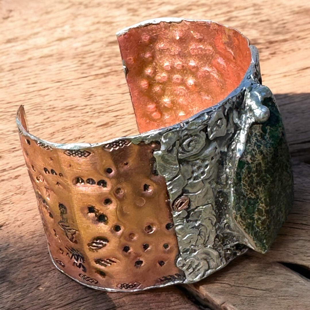 Green Imperial Jasper Mixed Metal Brutalist Cuff Bracelet with Stamped Mermaids