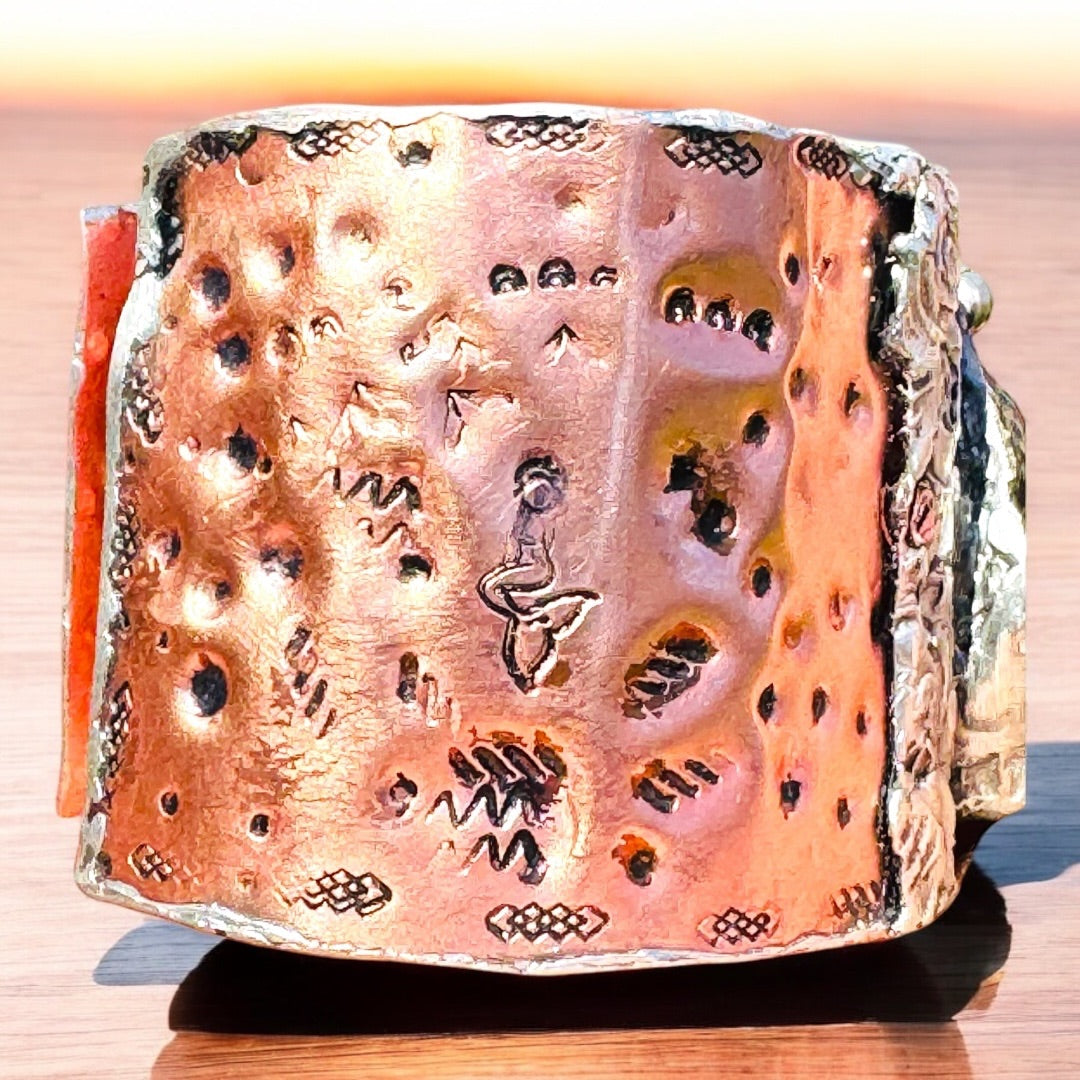 Green Imperial Jasper Mixed Metal Brutalist Cuff Bracelet with Stamped Mermaids