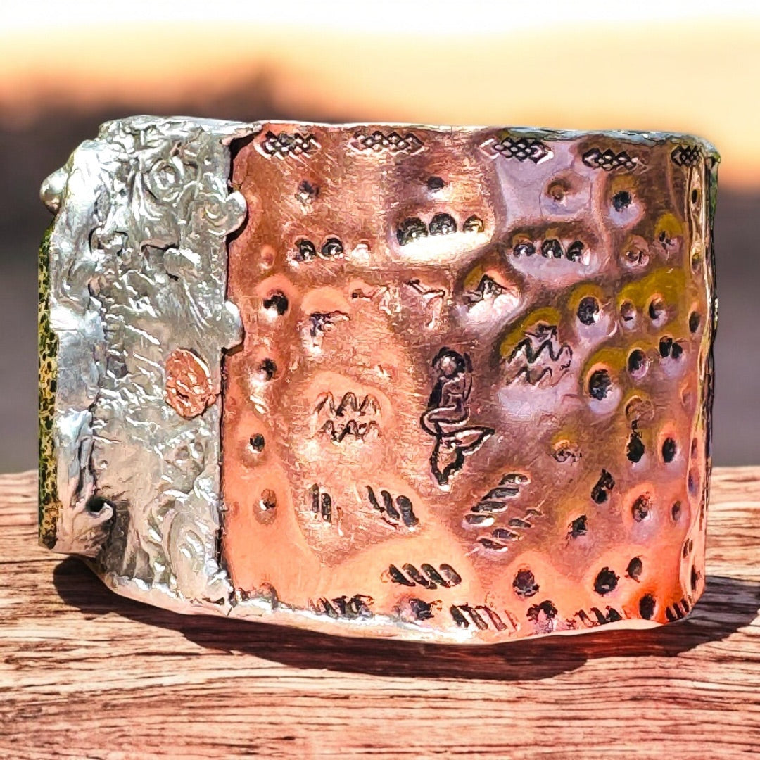 Green Imperial Jasper Mixed Metal Brutalist Cuff Bracelet with Stamped Mermaids