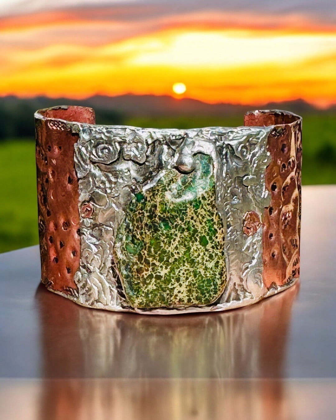 Green Imperial Jasper Mixed Metal Brutalist Cuff Bracelet with Stamped Mermaids