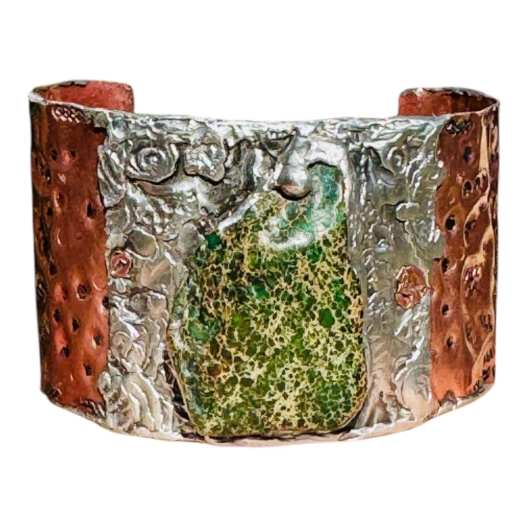 Green Imperial Jasper Mixed Metal Brutalist Cuff Bracelet with Stamped Mermaids