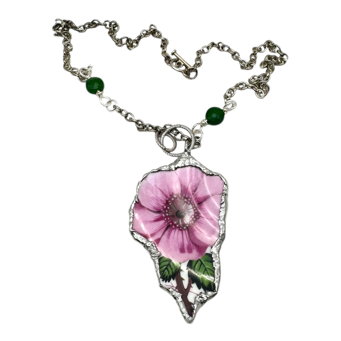 Old Country Rose Broken China Pendant & Green Aventurine Beaded Necklace