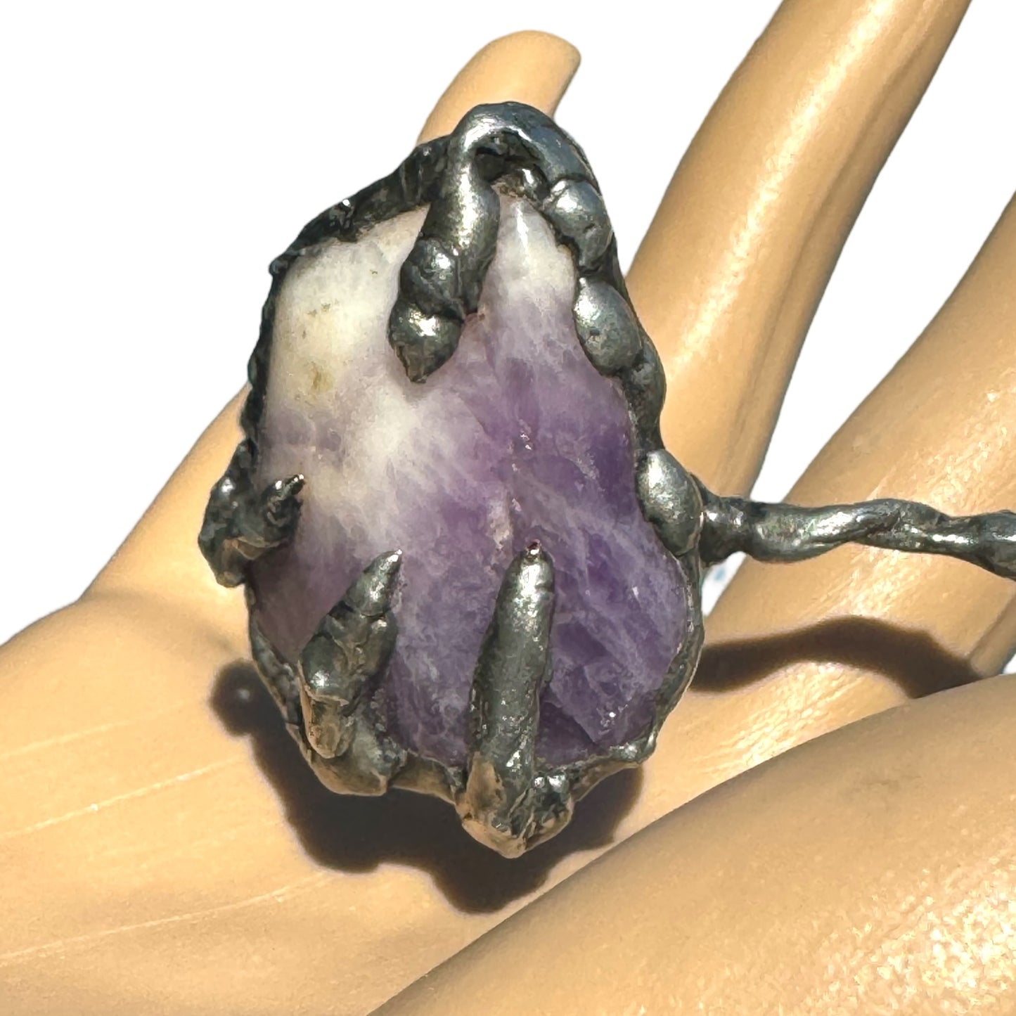Amethyst Claw Cuff Bracelet Brutalist Silver Blend Metalwork