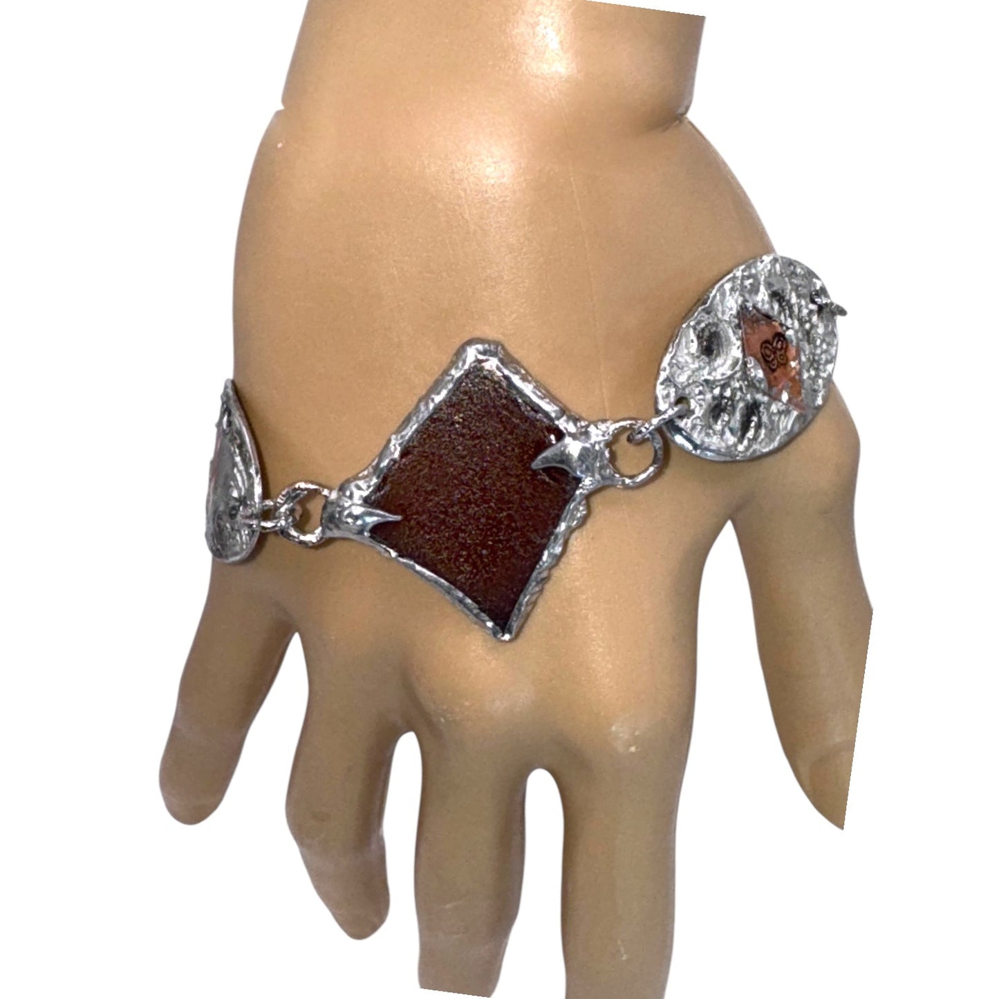 Amber Sea Glass & Mixed Metals Artisan Bracelet With Silver & Copper