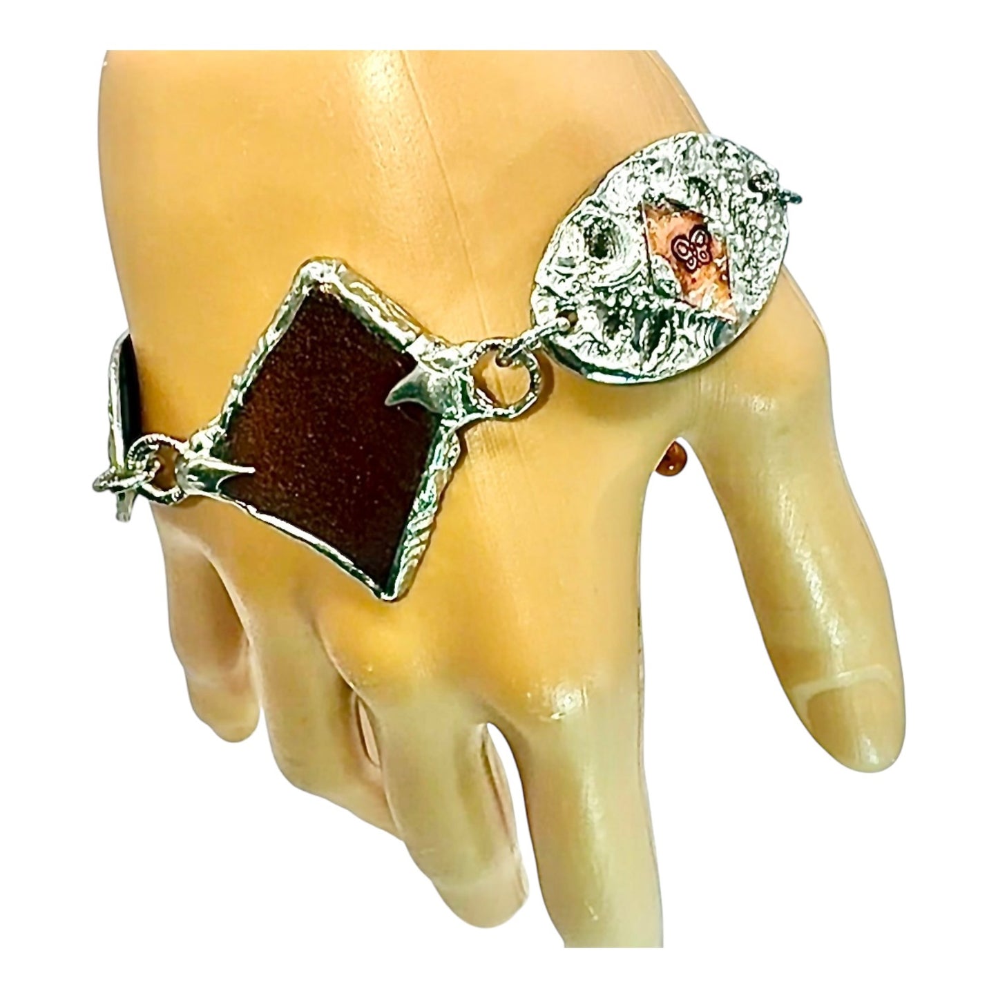 Amber Sea Glass & Mixed Metals Artisan Bracelet With Silver & Copper