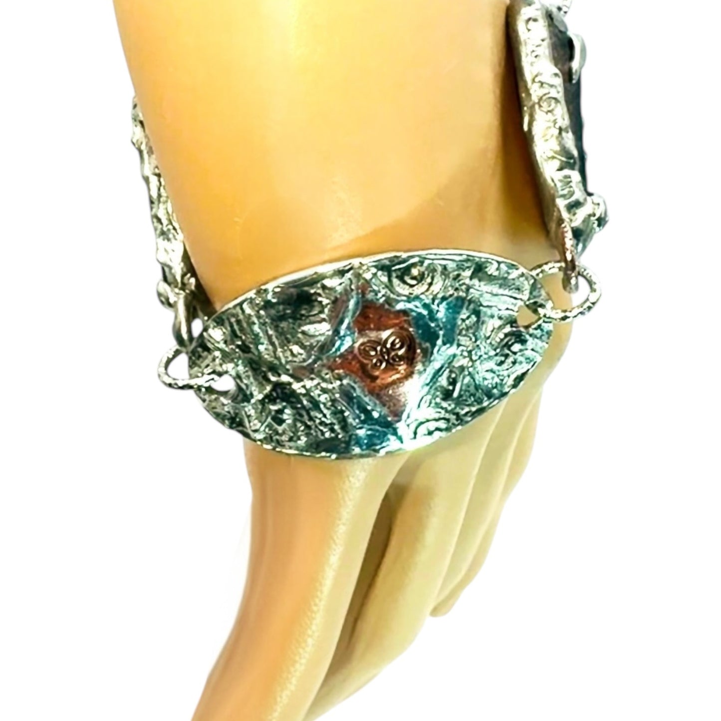 Amber Sea Glass & Mixed Metals Artisan Bracelet With Silver & Copper