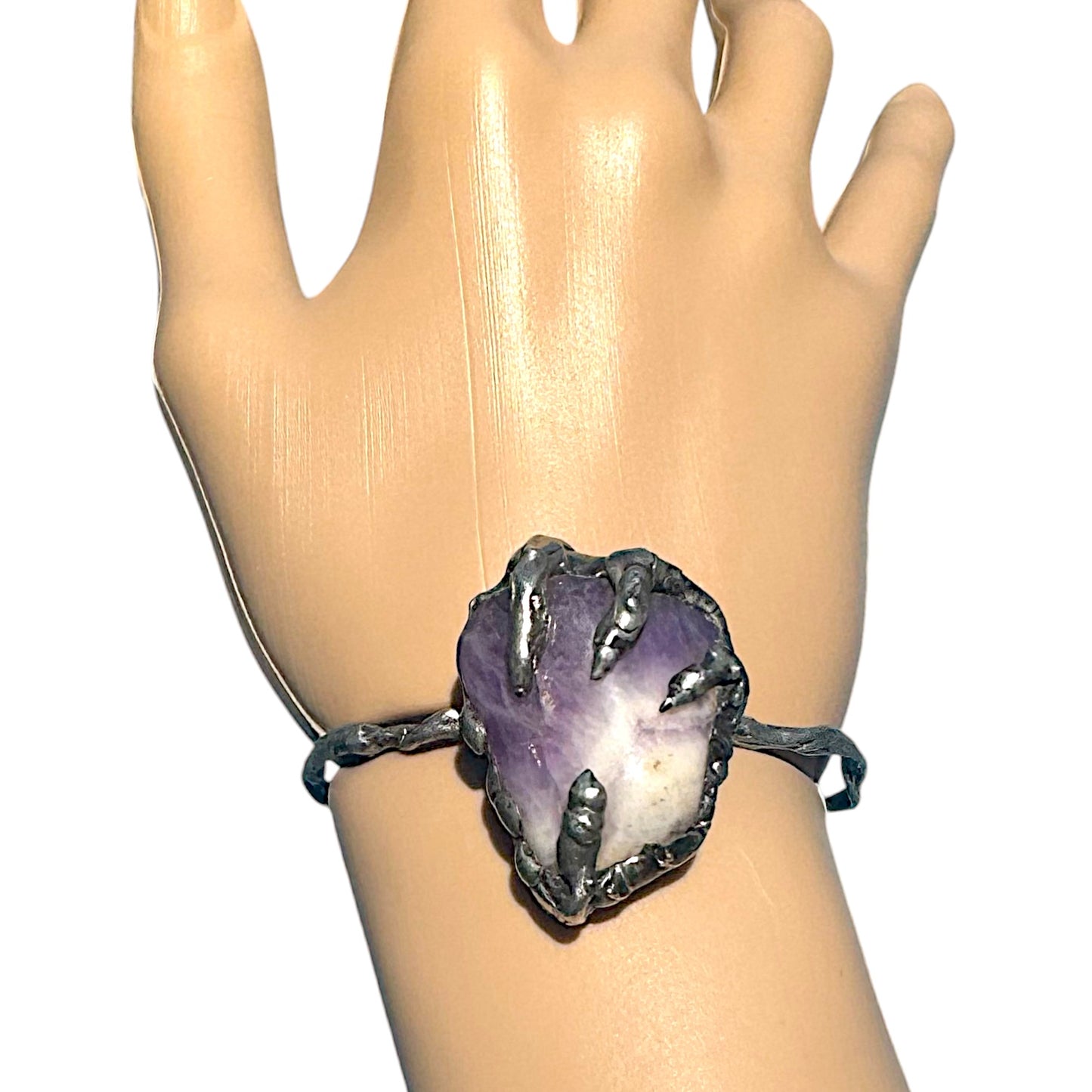 Amethyst Claw Cuff Bracelet Brutalist Silver Blend Metalwork