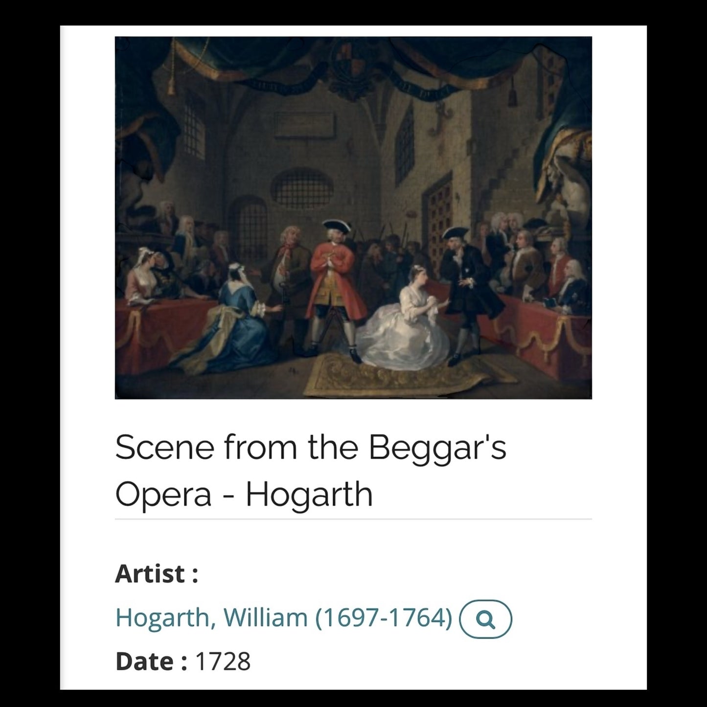 Repurposed VNTG Watch Opera Necklace with scene from the of Beggar’s Opera by Hogarth