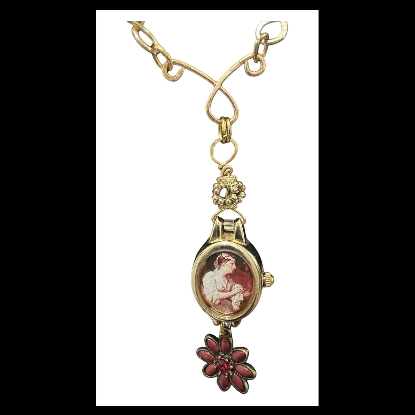Repurposed VNTG Watch Opera Necklace with scene from the of Beggar’s Opera by Hogarth
